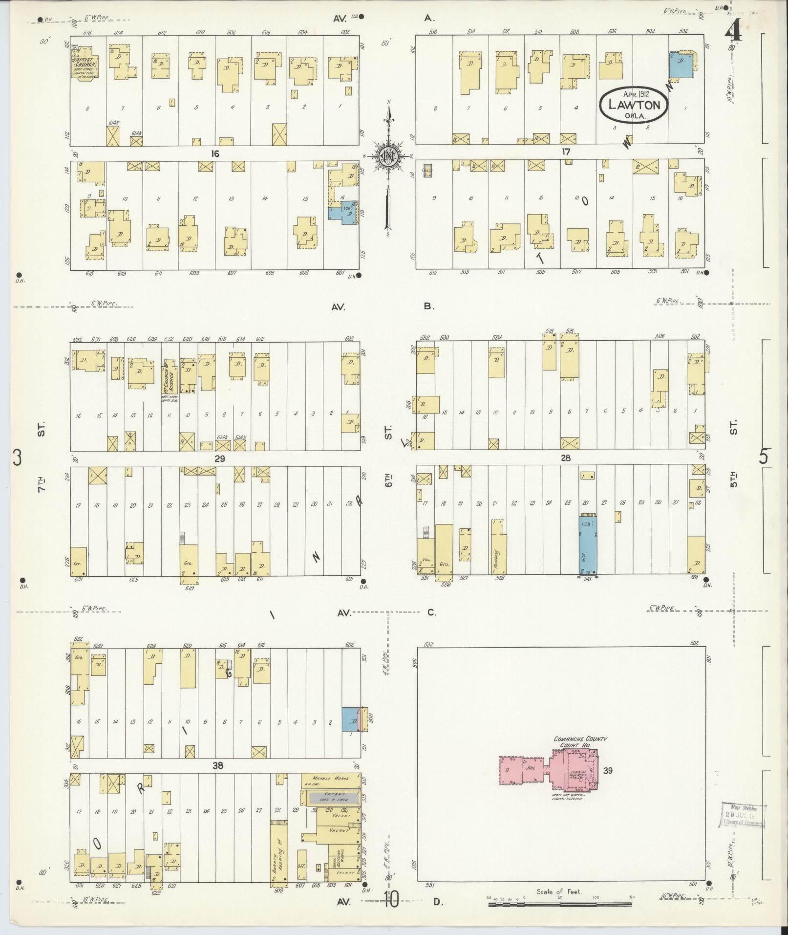 Sanborn Fire Insurance Map from Lawton, Comanche County, Oklahoma (1912), Sheet #0004 - Historic Sanborn Fire Insurance Map Print, vintage old map wall art, antique decor, genealogy gift, Oklahoma Oklahoma map