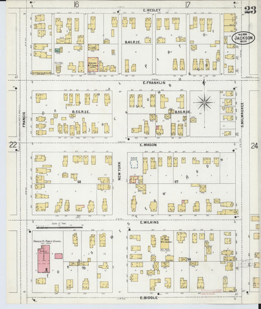 Sanborn Fire Insurance Map from Jackson, Jackson County, Michigan (1899), Sheet #0023 - Historic Sanborn Fire Insurance Map Print, vintage old map wall art, antique decor, genealogy gift, Michigan Michigan map