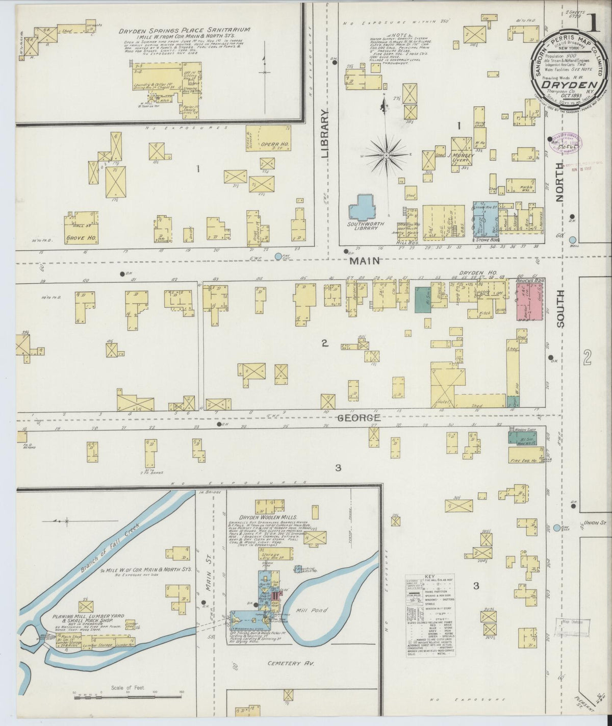 Sanborn Fire Insurance Map from Dryden, Tompkins County, New York (1893), Sheet #0001 - Complete Map Set gallery image, historic Sanborn map, vintage wall art, New York New York