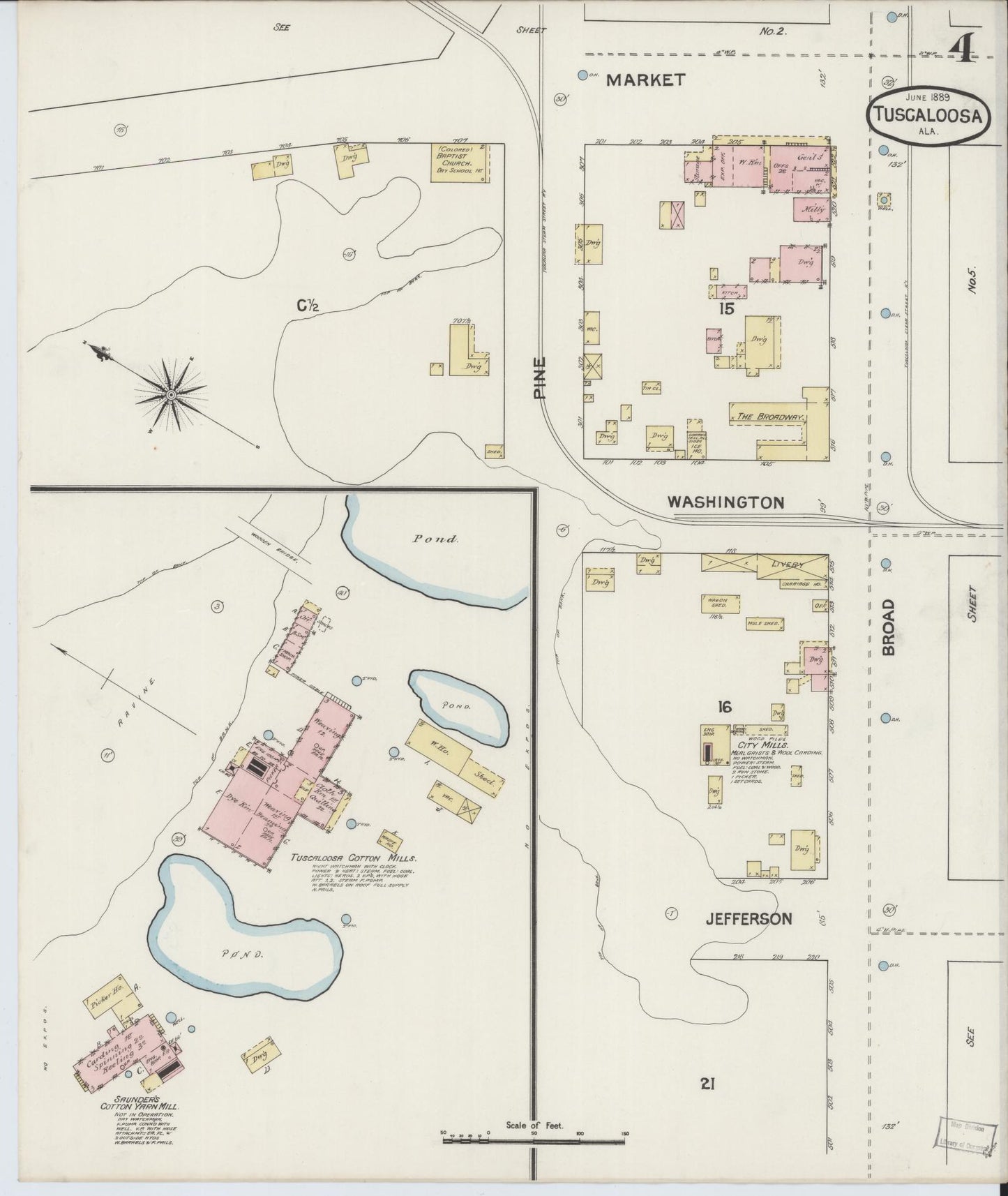 Sanborn Fire Insurance Map from Tuscaloosa, Tuscaloosa County, Alabama (1889), Sheet #0004 - Historic Sanborn Fire Insurance Map Print, vintage old map wall art, antique decor, genealogy gift, Alabama Alabama map