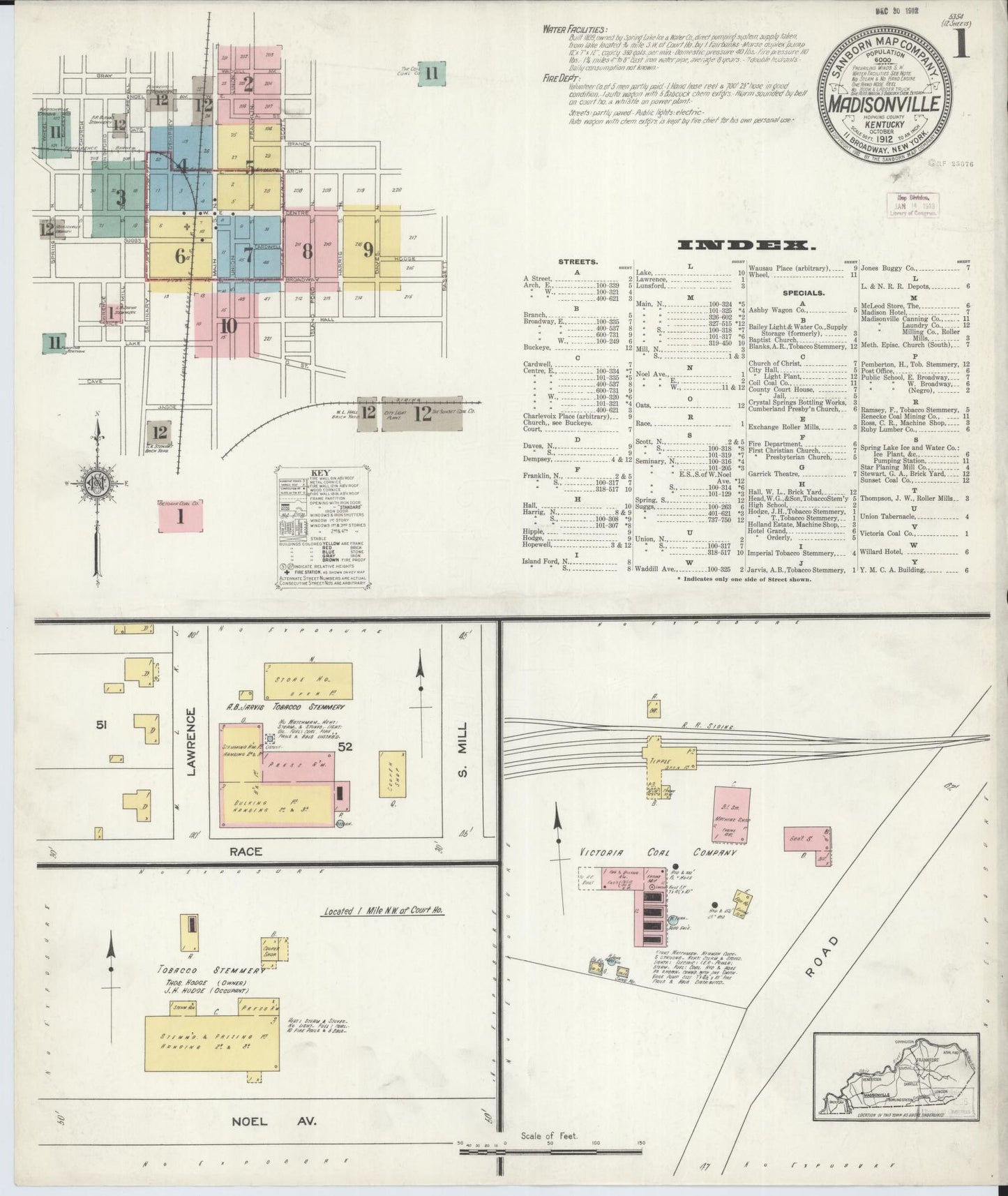 Sanborn Fire Insurance Map from Madisonville, Hopkins County, Kentucky (1912), Sheet #0001 - Historic Sanborn Fire Insurance Map Print, vintage old map wall art, antique decor, genealogy gift, Kentucky Kentucky map