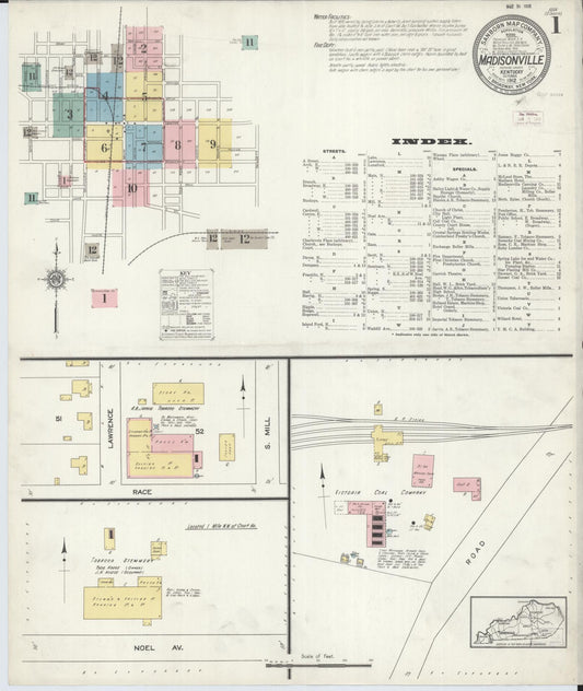 Sanborn Fire Insurance Map from Madisonville, Hopkins County, Kentucky (1912), Sheet #0001 - Historic Sanborn Fire Insurance Map Print, vintage old map wall art, antique decor, genealogy gift, Kentucky Kentucky map