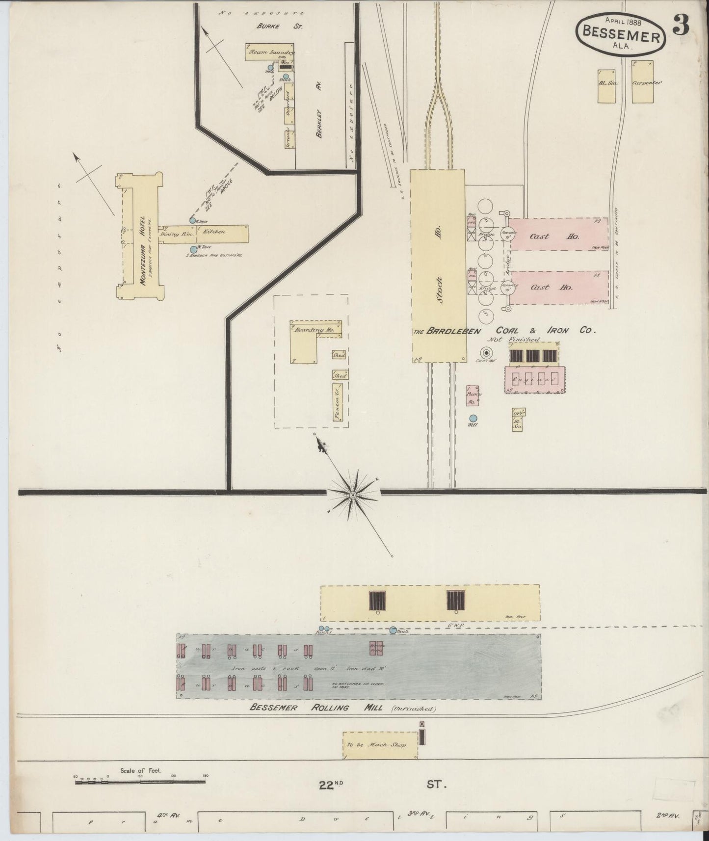 Sanborn Fire Insurance Map from Bessemer, Jefferson County, Alabama (1888), Sheet #0003 - Historic Sanborn Fire Insurance Map Print, vintage old map wall art, antique decor, genealogy gift, Alabama Alabama map