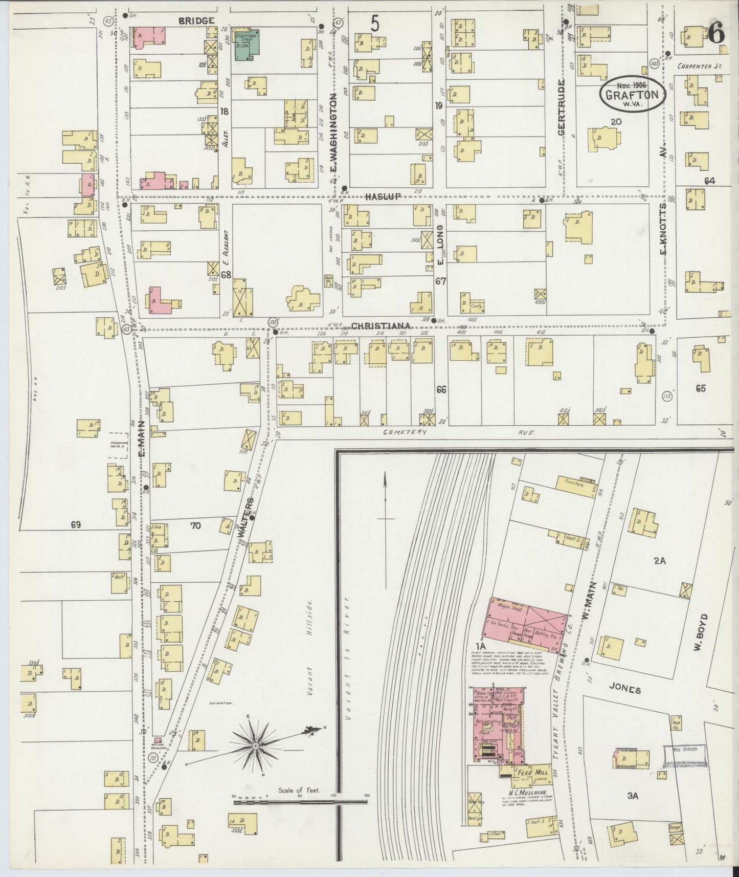 Sanborn Fire Insurance Map from Grafton, Taylor County, West Virginia (1906), Sheet #0006 - Complete Map Set gallery image, historic Sanborn map, vintage wall art, West Virginia West Virginia