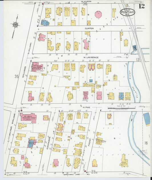 Sanborn Fire Insurance Map from Pontiac, Oakland County, Michigan (1919), Sheet #0012 - Historic Sanborn Fire Insurance Map Print, vintage old map wall art, antique decor, genealogy gift, Michigan Michigan map