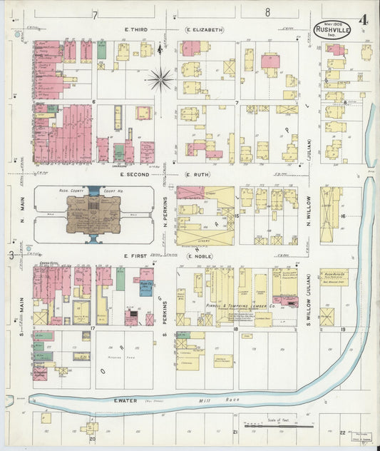 Sanborn Fire Insurance Map from Rushville, Rush County, Indiana (1908), Sheet #0004 - Historic Sanborn Fire Insurance Map Print, vintage old map wall art, antique decor, genealogy gift, Indiana Indiana map