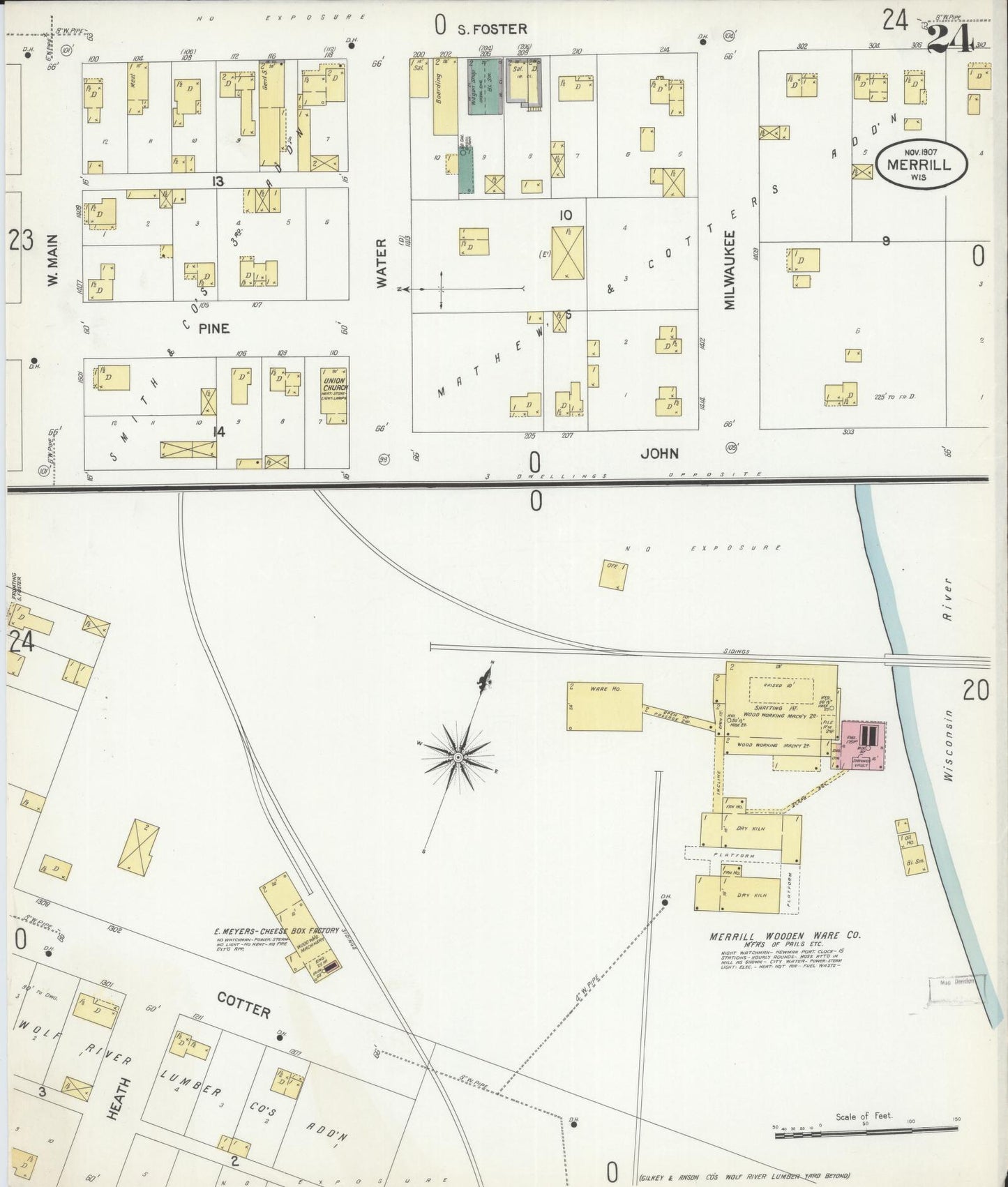 Sanborn Fire Insurance Map from Merrill, Lincoln County, Wisconsin (1907), Sheet #0024 - Historic Sanborn Fire Insurance Map Print, vintage old map wall art, antique decor, genealogy gift, Wisconsin Wisconsin map