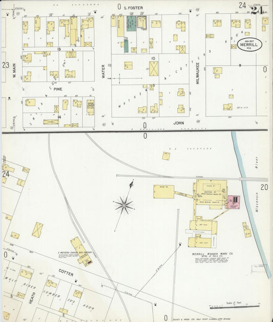 Sanborn Fire Insurance Map from Merrill, Lincoln County, Wisconsin (1907), Sheet #0024 - Historic Sanborn Fire Insurance Map Print, vintage old map wall art, antique decor, genealogy gift, Wisconsin Wisconsin map