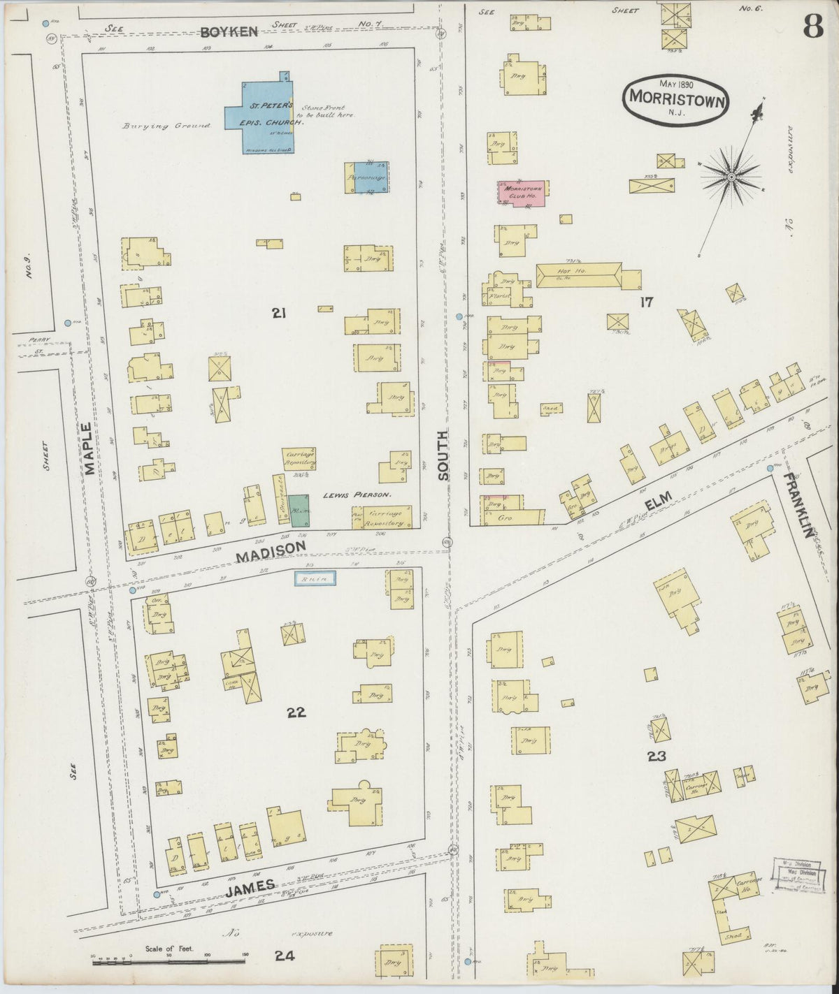 Sanborn Fire Insurance Map from Morristown, Morris County, New Jersey (1890), Sheet #0008 - Complete Map Set gallery image, historic Sanborn map, vintage wall art, New Jersey New Jersey