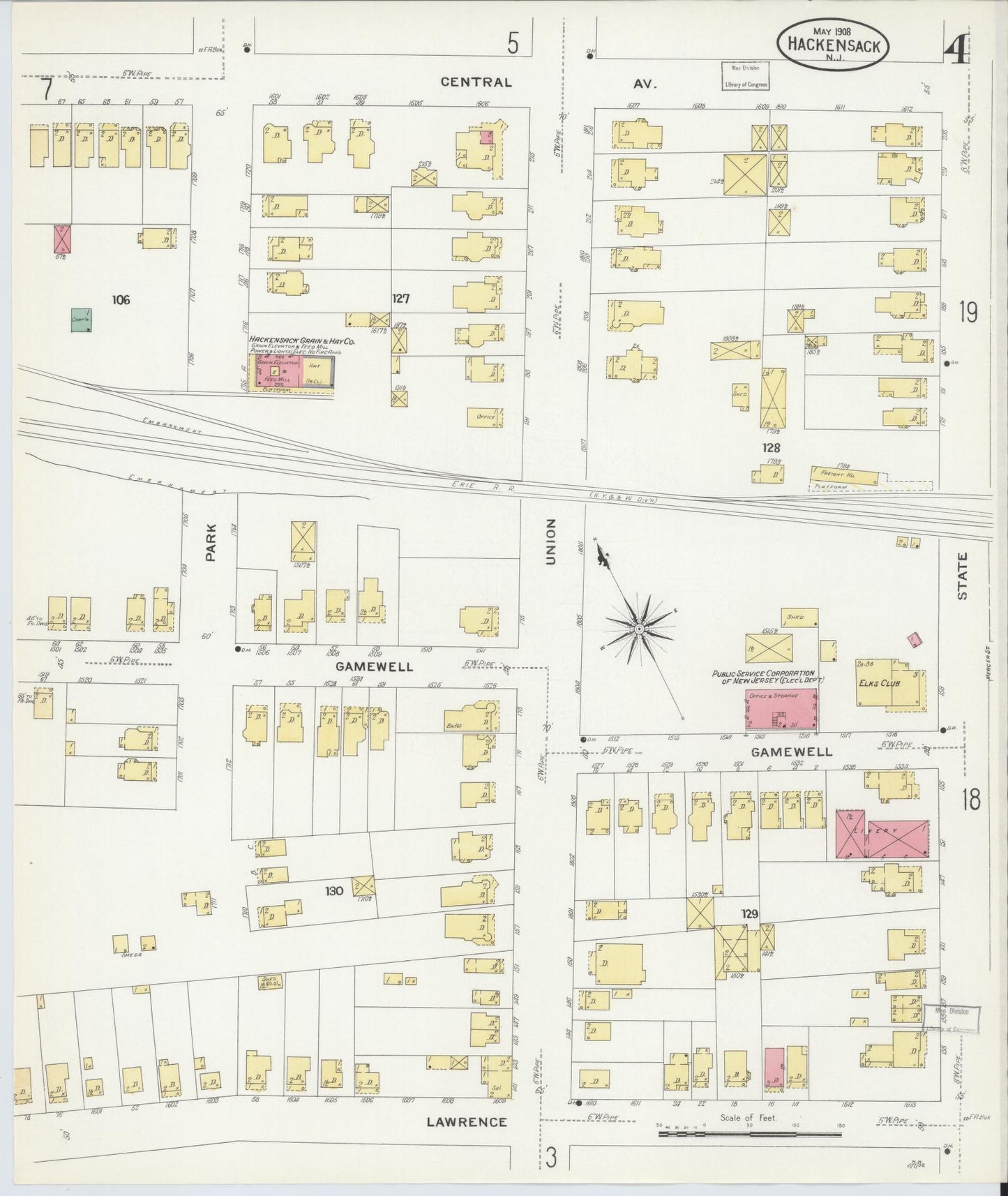 Sanborn Fire Insurance Map from Hackensack, Bergen County, New Jersey (1908), Sheet #0004 - Complete Map Set gallery image, historic Sanborn map, vintage wall art, New Jersey New Jersey