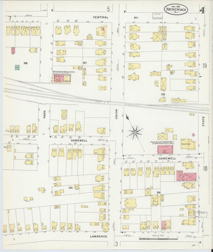 Sanborn Fire Insurance Map from Hackensack, Bergen County, New Jersey (1908), Sheet #0004 - Complete Map Set gallery image, historic Sanborn map, vintage wall art, New Jersey New Jersey