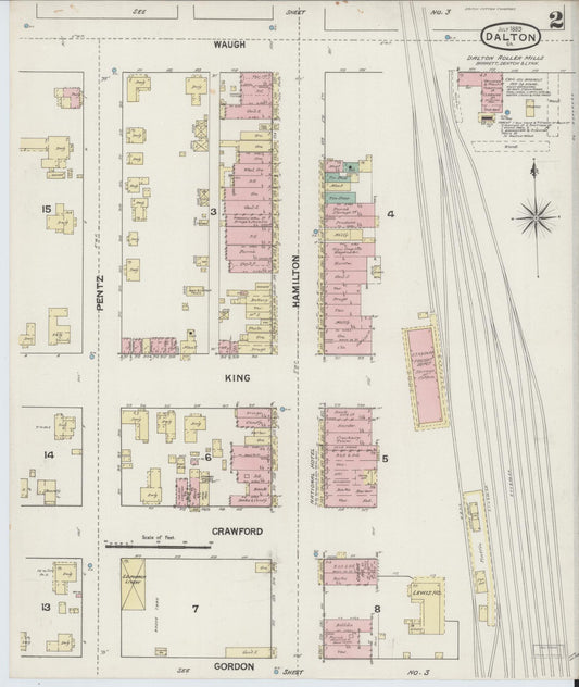 Sanborn Fire Insurance Map from Dalton, Whitfield County, Georgia (1889), Sheet #0002 - Historic Sanborn Fire Insurance Map Print, vintage old map wall art, antique decor, genealogy gift, Georgia Georgia map