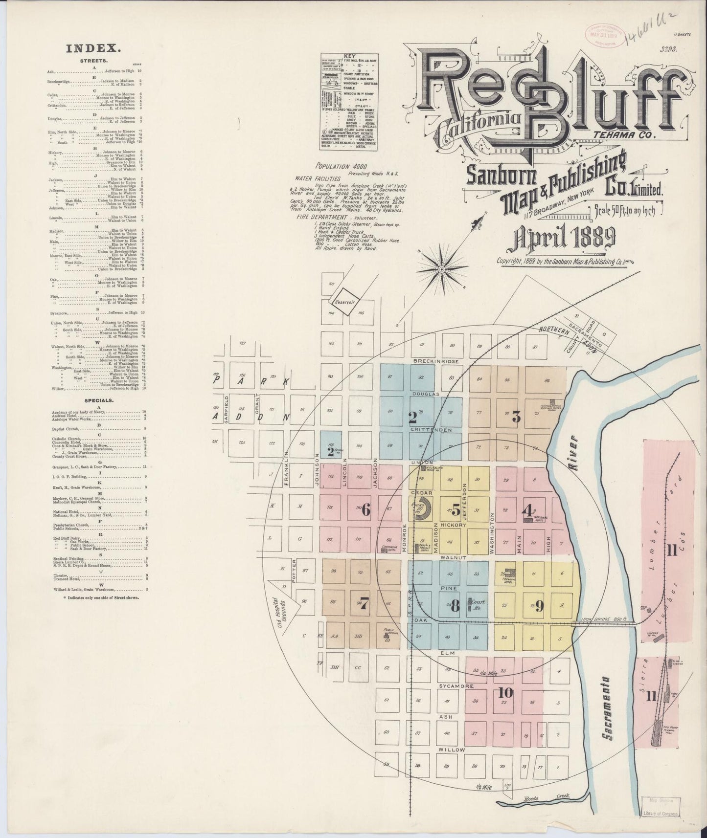 Sanborn Fire Insurance Map from Red Bluff, Tehama County, California (1889), Sheet #0001 - Complete Map Set gallery image, historic Sanborn map, vintage wall art, California California