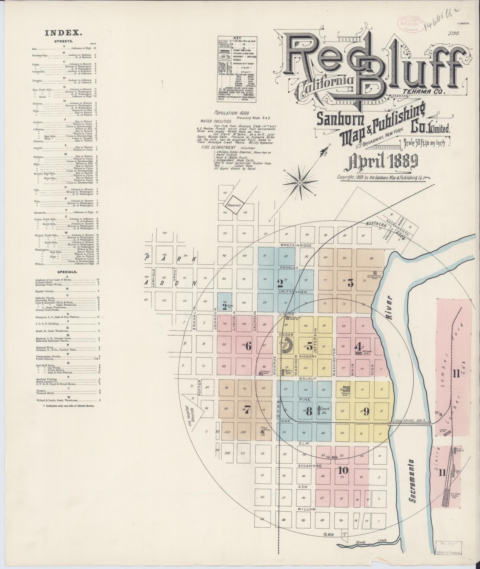 Sanborn Fire Insurance Map from Red Bluff, Tehama County, California (1889), Sheet #0001 - Complete Map Set gallery image, historic Sanborn map, vintage wall art, California California