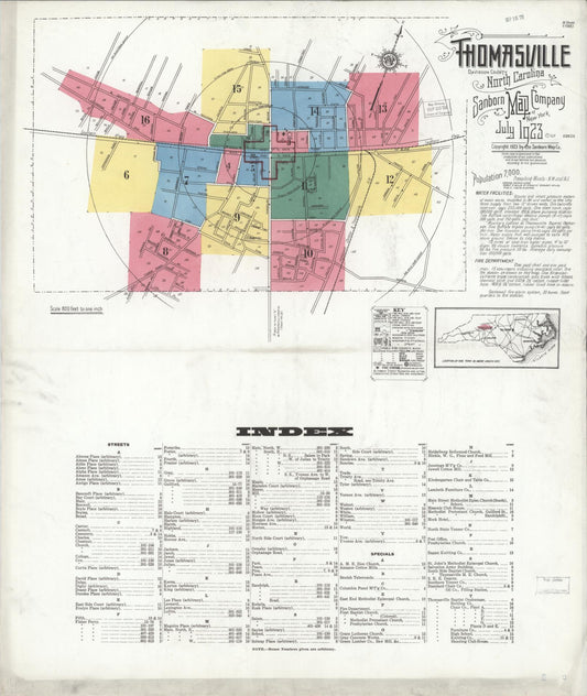 Sanborn Fire Insurance Map from Thomasville, Davidson County, North Carolina (1923), Sheet #0001 - Historic Sanborn Fire Insurance Map Print, vintage old map wall art, antique decor, genealogy gift, North Carolina North Carolina map