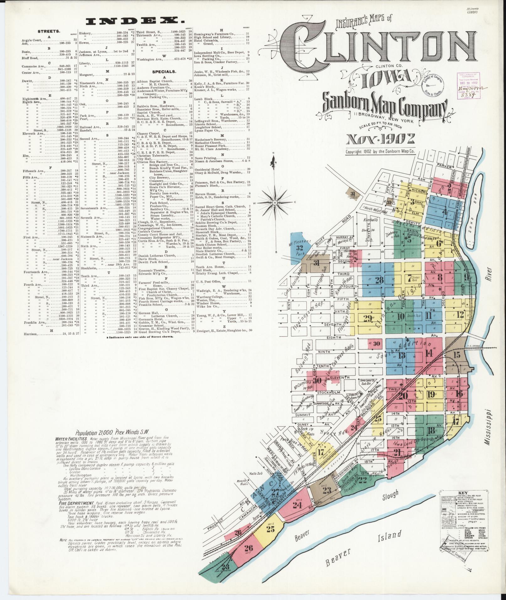 Sanborn Fire Insurance Map from Clinton, Clinton County, Iowa (1902), Sheet #0001 - Historic Sanborn Fire Insurance Map Print, vintage old map wall art