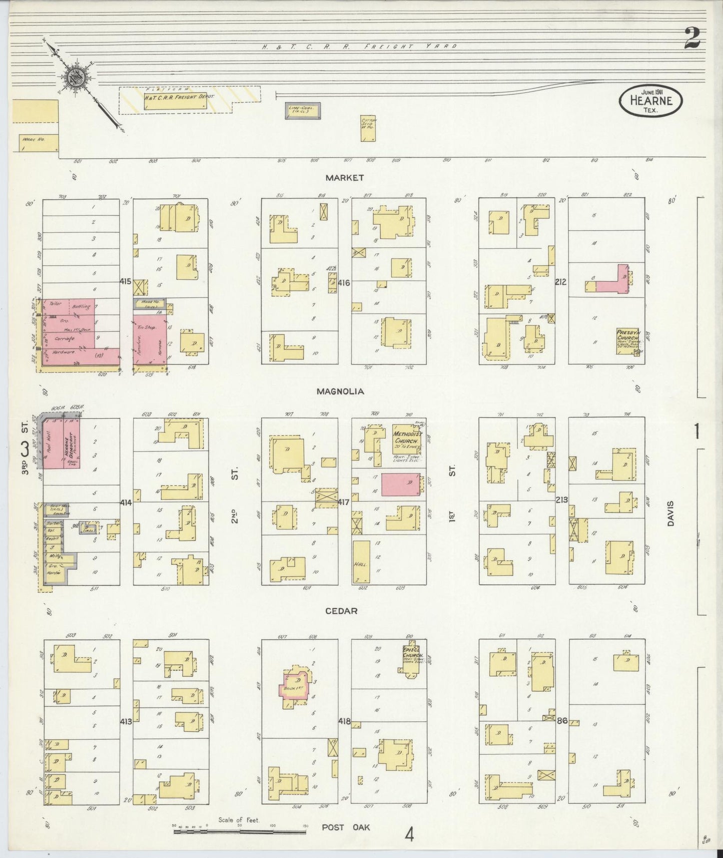 Sanborn Fire Insurance Map from Hearne, Robertson County, Texas (1911), Sheet #0002 - Complete Map Set gallery image, historic Sanborn map, vintage wall art, Texas Texas