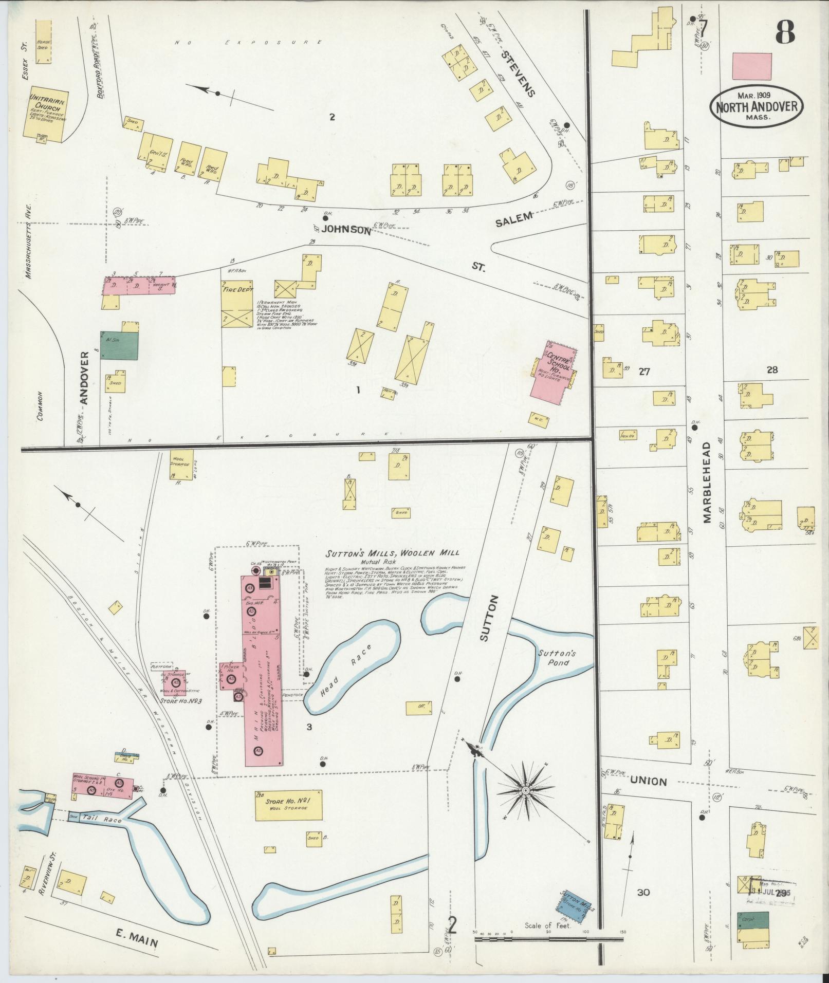 Sanborn Fire Insurance Map from North Andover, Essex County, Massachusetts (1909), Sheet #0008 - Historic Sanborn Fire Insurance Map Print, vintage old map wall art, antique decor, genealogy gift, Massachusetts Massachusetts map