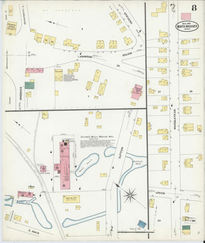Sanborn Fire Insurance Map from North Andover, Essex County, Massachusetts (1909), Sheet #0008 - Historic Sanborn Fire Insurance Map Print, vintage old map wall art, antique decor, genealogy gift, Massachusetts Massachusetts map
