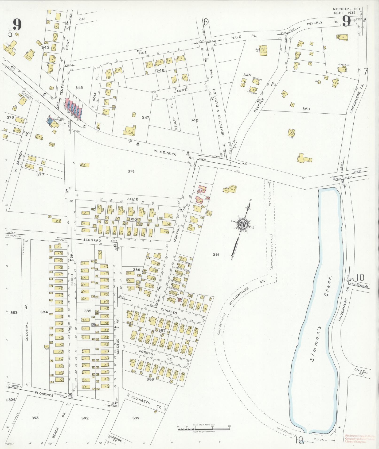 Sanborn Fire Insurance Map from Merrick, Nassau County, New York (1935), Sheet #0009 - Historic Sanborn Fire Insurance Map Print, vintage old map wall art, antique decor, genealogy gift, New York New York map