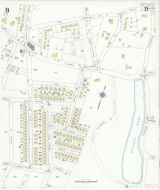 Sanborn Fire Insurance Map from Merrick, Nassau County, New York (1935), Sheet #0009 - Historic Sanborn Fire Insurance Map Print, vintage old map wall art, antique decor, genealogy gift, New York New York map