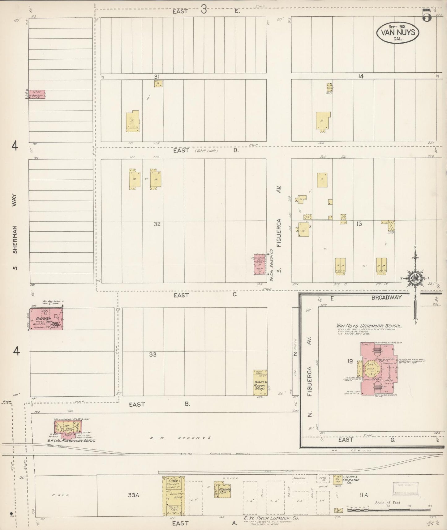 Sanborn Fire Insurance Map from Van Nuys, Los Angeles County, California (1913), Sheet #0005 - Complete Map Set gallery image, historic Sanborn map, vintage wall art, California California