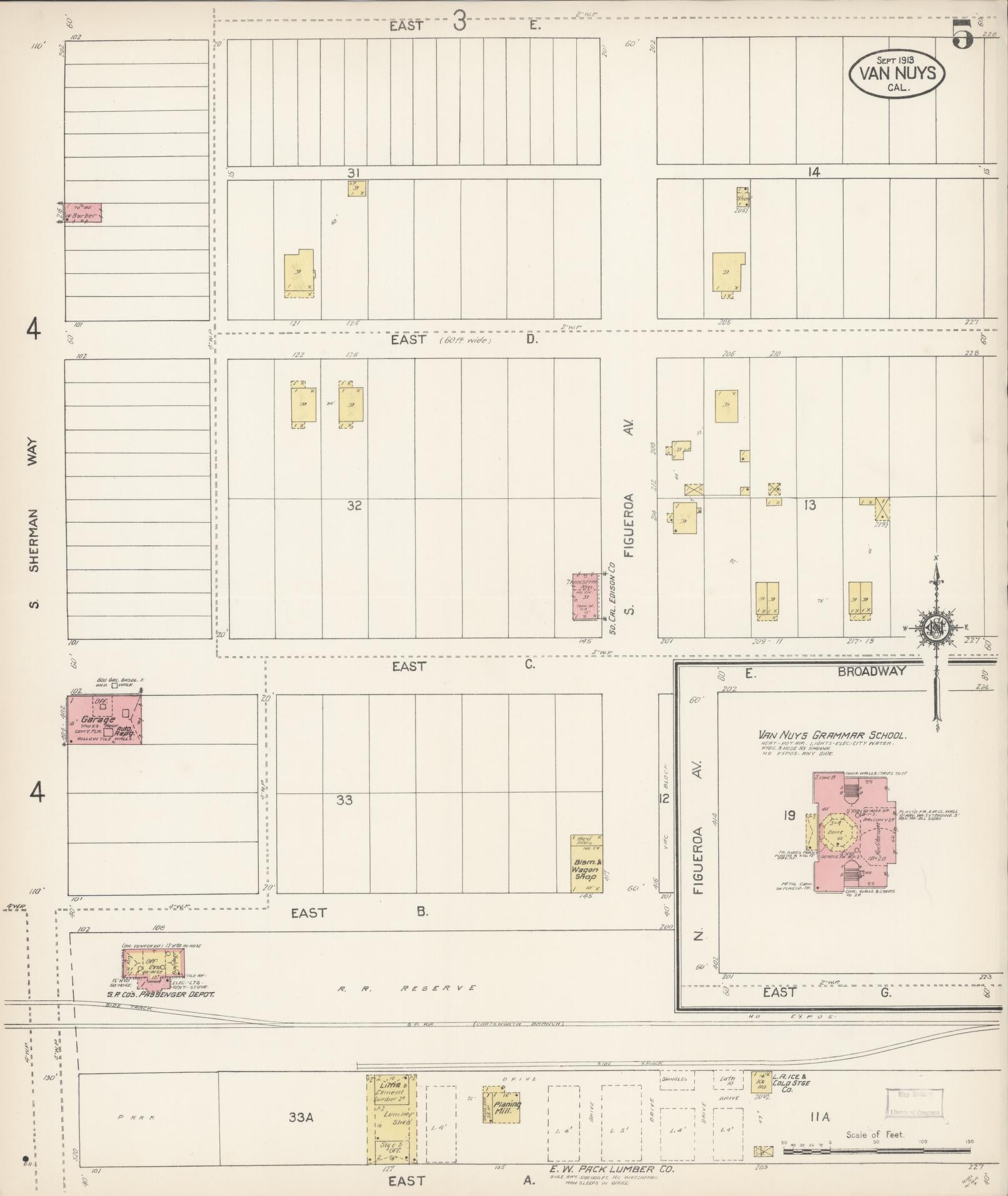 Sanborn Fire Insurance Map from Van Nuys, Los Angeles County, California (1913), Sheet #0005 - Complete Map Set gallery image, historic Sanborn map, vintage wall art, California California