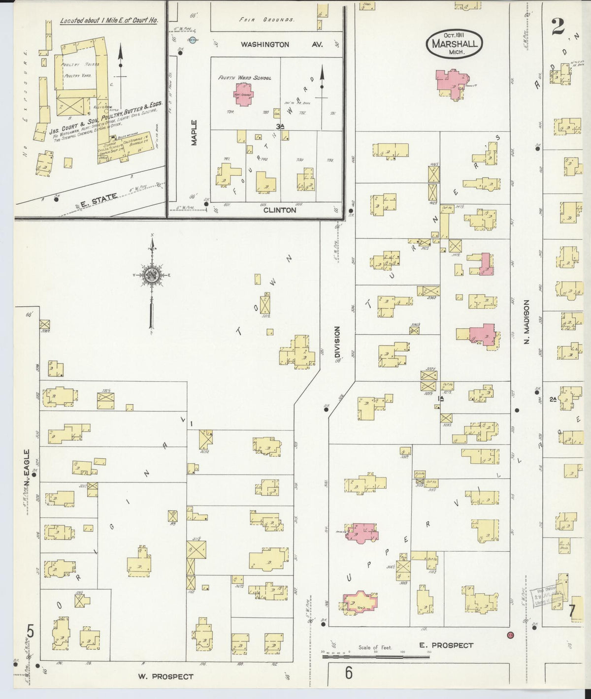 Sanborn Fire Insurance Map from Marshall, Calhoun County, Michigan (1911), Sheet #0002 - Historic Sanborn Fire Insurance Map Print, vintage old map wall art, antique decor, genealogy gift, Michigan Michigan map