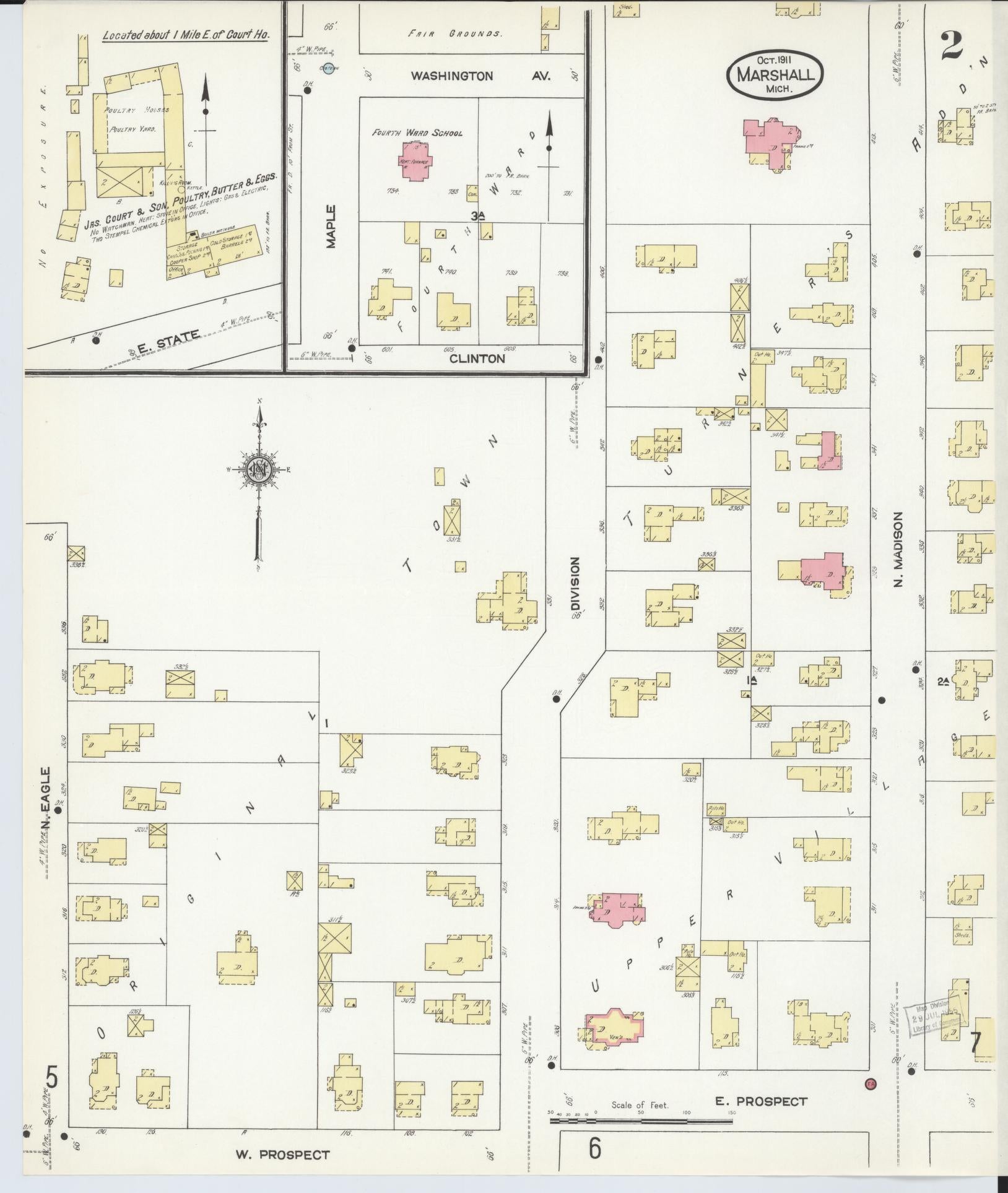 Sanborn Fire Insurance Map from Marshall, Calhoun County, Michigan (1911), Sheet #0002 - Historic Sanborn Fire Insurance Map Print, vintage old map wall art, antique decor, genealogy gift, Michigan Michigan map