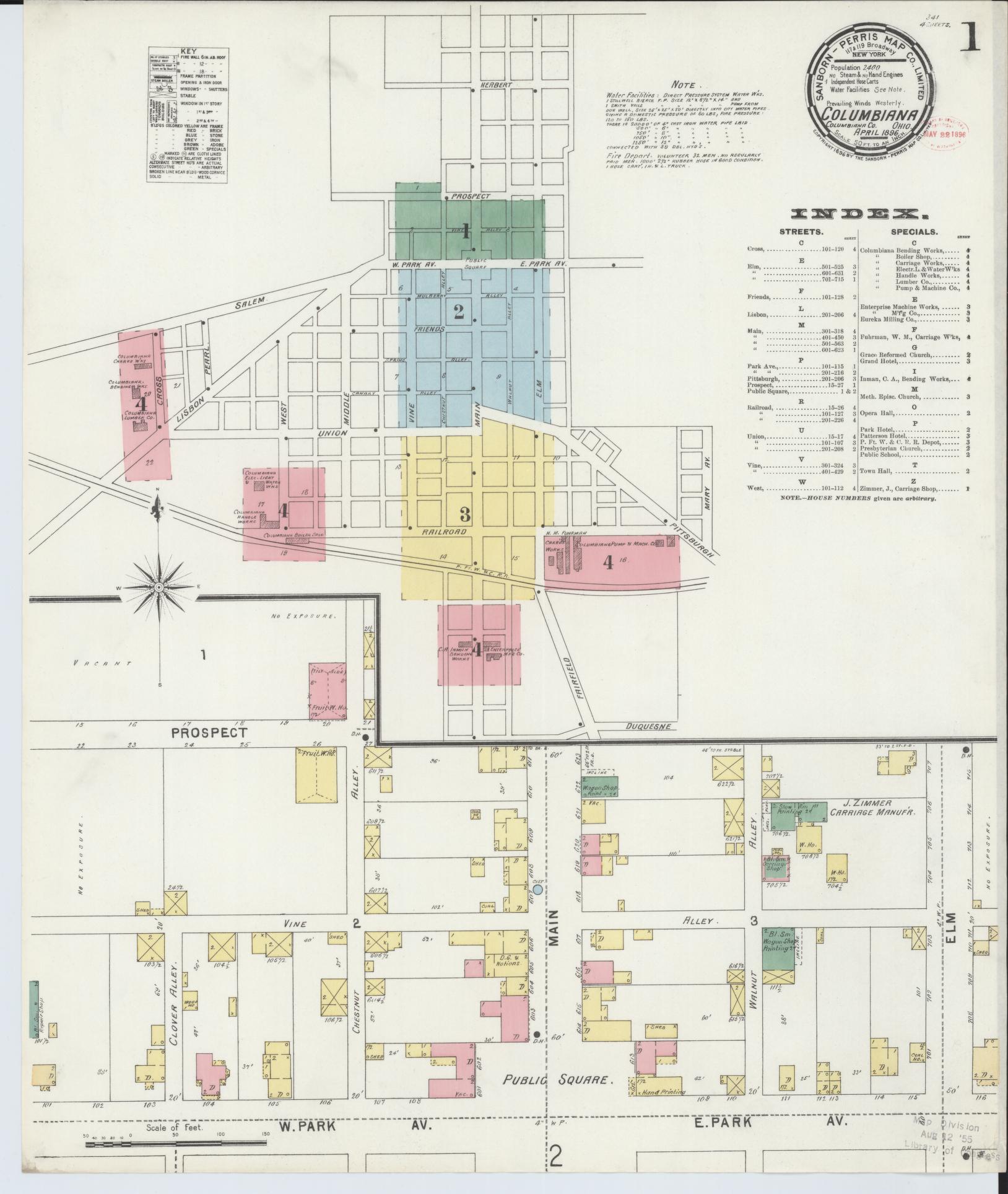 Sanborn Fire Insurance Map from Columbiana, Columbiana County, Ohio (1896), Sheet #0001 - Historic Sanborn Fire Insurance Map Print, vintage old map wall art, antique decor, genealogy gift, Ohio Ohio map