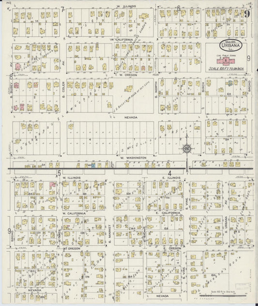 Sanborn Fire Insurance Map from Urbana, Champaign County, Illinois (1915), Sheet #0009 - Historic Sanborn Fire Insurance Map Print, vintage old map wall art, antique decor, genealogy gift, Illinois Illinois map