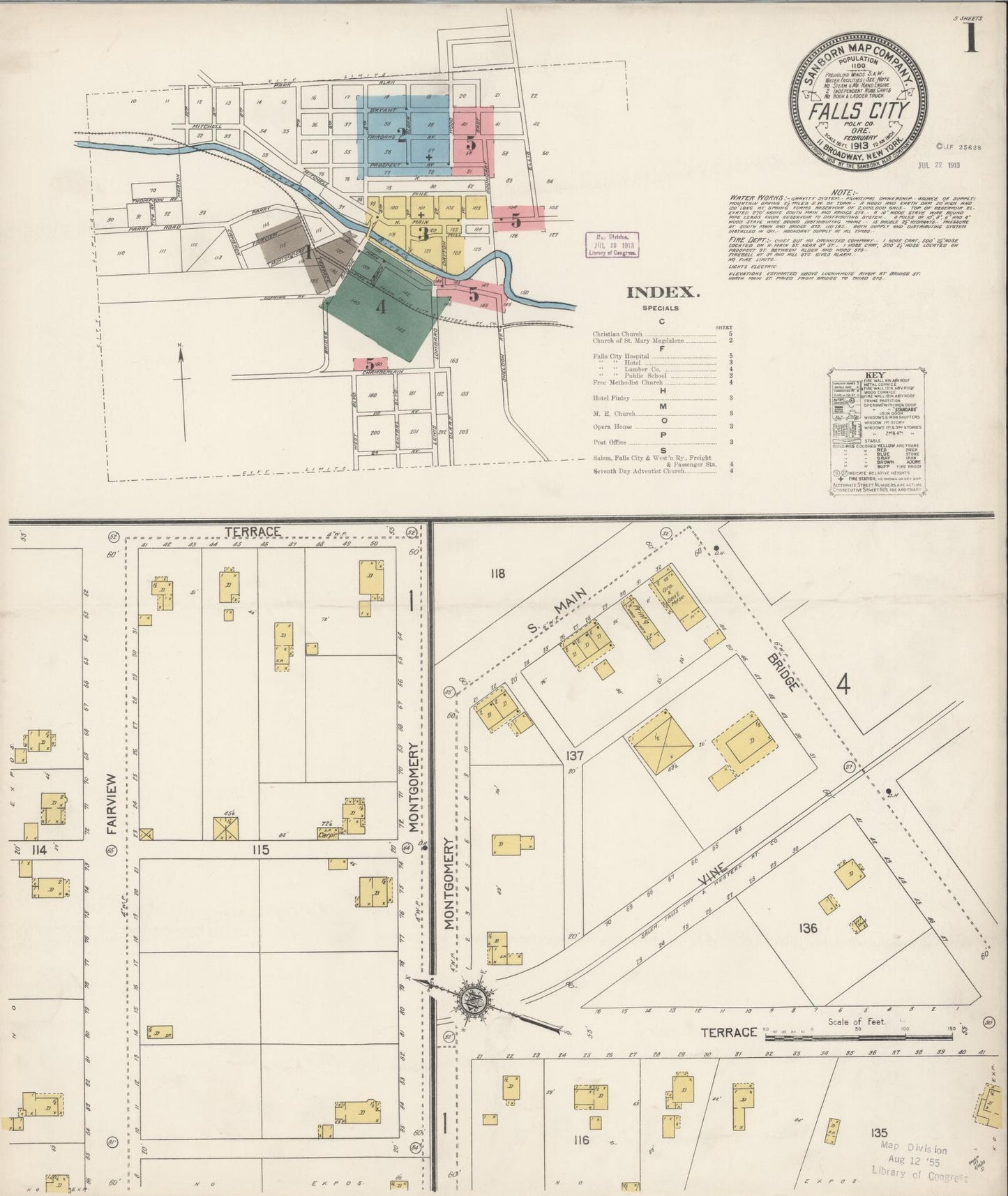 Sanborn Fire Insurance Map from Falls City, Polk County, Oregon (1913), Sheet #0001 - Complete Map Set gallery image, historic Sanborn map, vintage wall art, Oregon Oregon