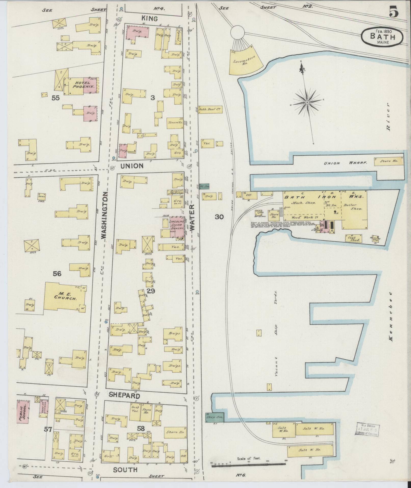 Sanborn Fire Insurance Map from Bath, Sagadahoc County, Maine (1890), Sheet #0005 - Historic Sanborn Fire Insurance Map Print, vintage old map wall art, antique decor, genealogy gift, Maine Maine map