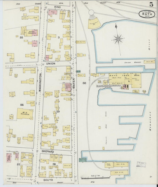 Sanborn Fire Insurance Map from Bath, Sagadahoc County, Maine (1890), Sheet #0005 - Historic Sanborn Fire Insurance Map Print, vintage old map wall art, antique decor, genealogy gift, Maine Maine map