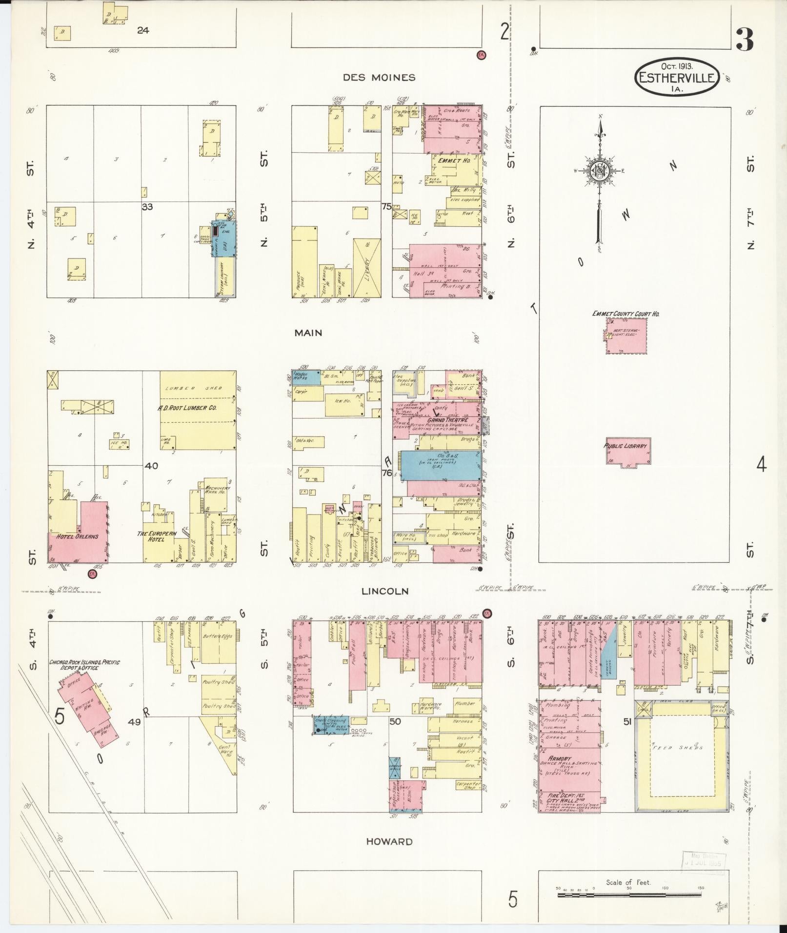 Sanborn Fire Insurance Map from Estherville, Emmet County, Iowa (1913), Sheet #0003 - Historic Sanborn Fire Insurance Map Print, vintage old map wall art