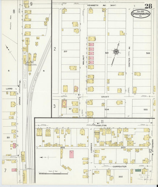 Sanborn Fire Insurance Map from Greensburg, Westmoreland County, Pennsylvania (1909), Sheet #0028 - Historic Sanborn Fire Insurance Map Print, vintage old map wall art, antique decor, genealogy gift, Pennsylvania Pennsylvania map