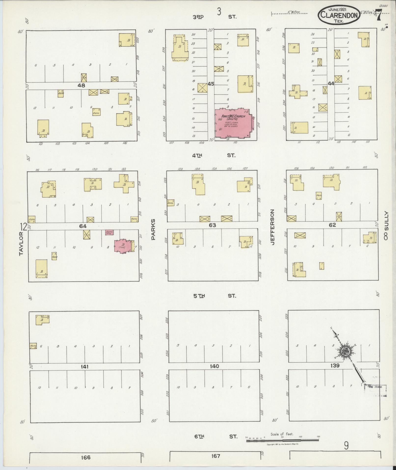 Sanborn Fire Insurance Map from Clarendon, Donley County, Texas (1921), Sheet #0007 - Historic Sanborn Fire Insurance Map Print, vintage old map wall art, antique decor, genealogy gift, Texas Texas map
