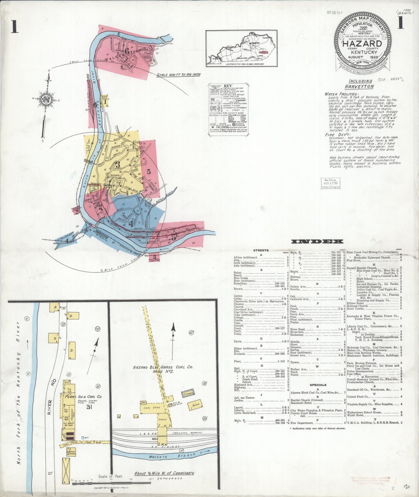 Sanborn Fire Insurance Map from Hazard, Perry County, Kentucky (1923), Sheet #0001 - Complete Map Set gallery image, historic Sanborn map, vintage wall art, Kentucky Kentucky