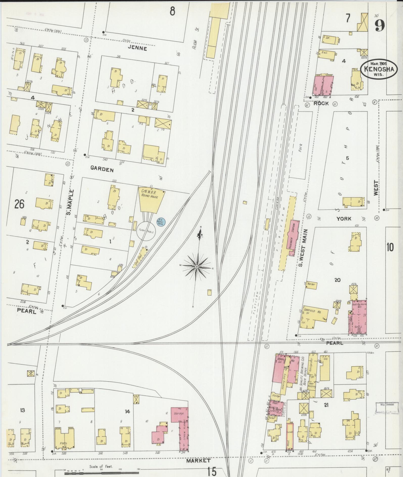 Sanborn Fire Insurance Map from Kenosha, Kenosha County, Wisconsin (1905), Sheet #0009 - Historic Sanborn Fire Insurance Map Print, vintage old map wall art, antique decor, genealogy gift, Wisconsin Wisconsin map