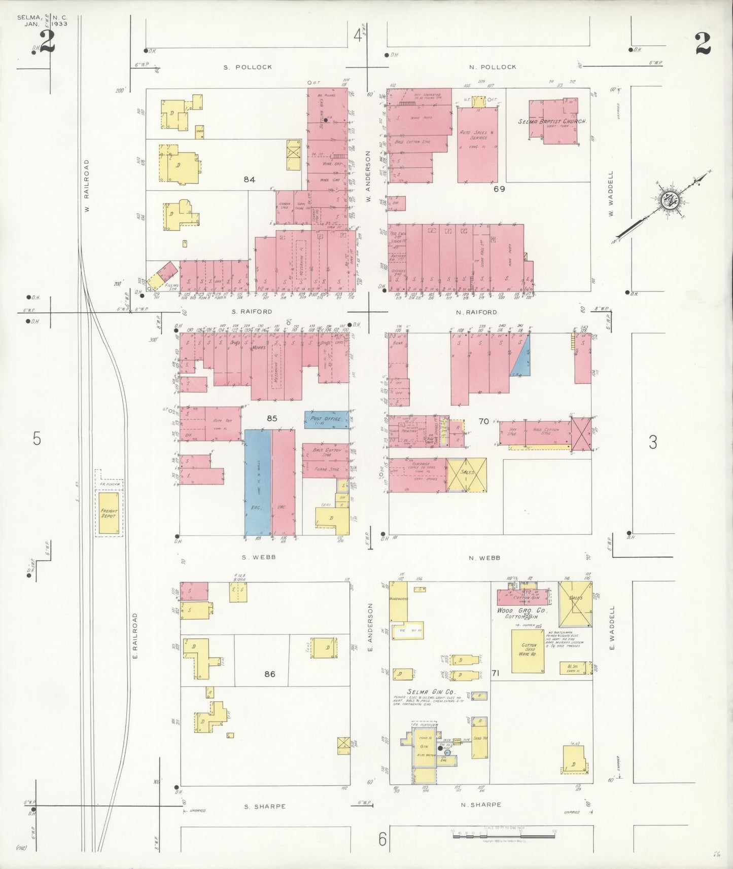 Sanborn Fire Insurance Map from Selma, Johnston County, North Carolina (1933), Sheet #0002 - Complete Map Set gallery image, historic Sanborn map, vintage wall art, North Carolina North Carolina