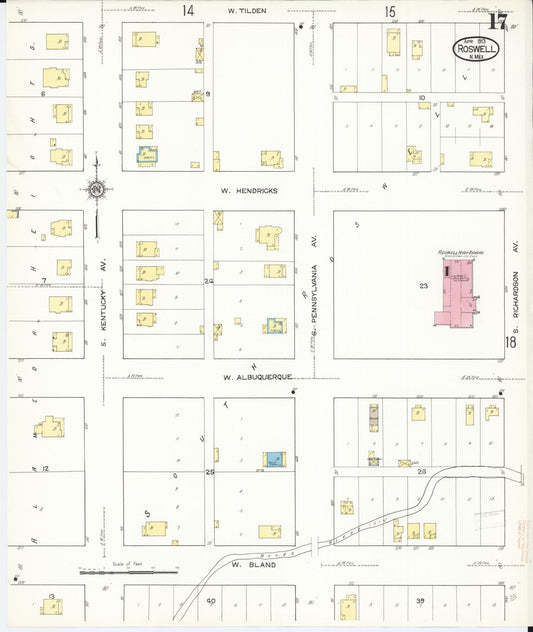 Sanborn Fire Insurance Map from Roswell, Chaves County, New Mexico (1913), Sheet #0017 - Historic Sanborn Fire Insurance Map Print, vintage old map wall art, antique decor, genealogy gift, New Mexico New Mexico map