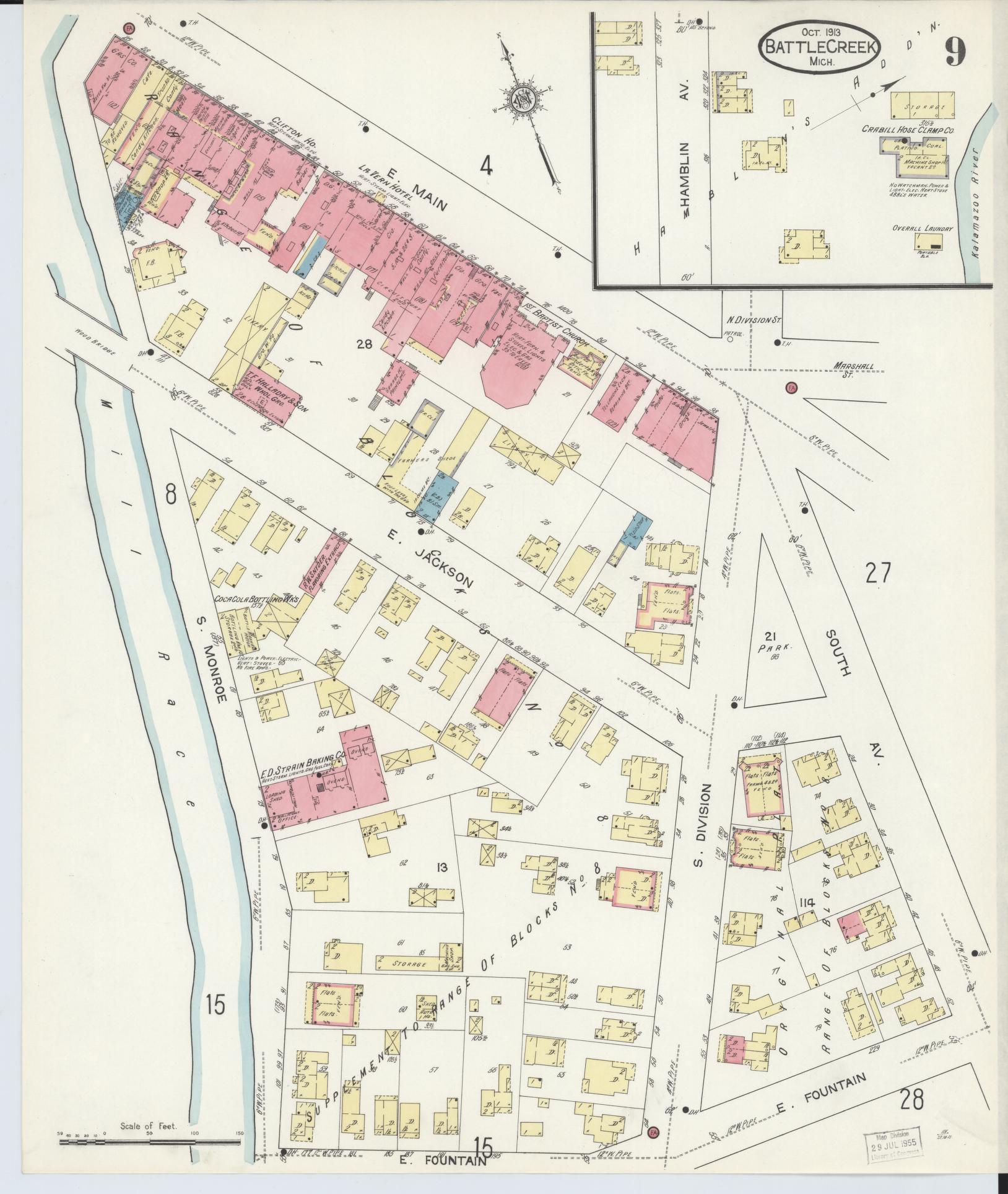 Sanborn Fire Insurance Map from Battle Creek, Calhoun County, Michigan (1913), Sheet #0009 - Complete Map Set gallery image, historic Sanborn map, vintage wall art, Michigan Michigan