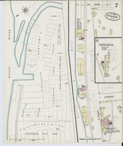 Sanborn Fire Insurance Map from Monroe, Monroe County, Michigan (1888), Sheet #0007 - Historic Sanborn Fire Insurance Map Print, vintage old map wall art, antique decor, genealogy gift, Michigan Michigan map