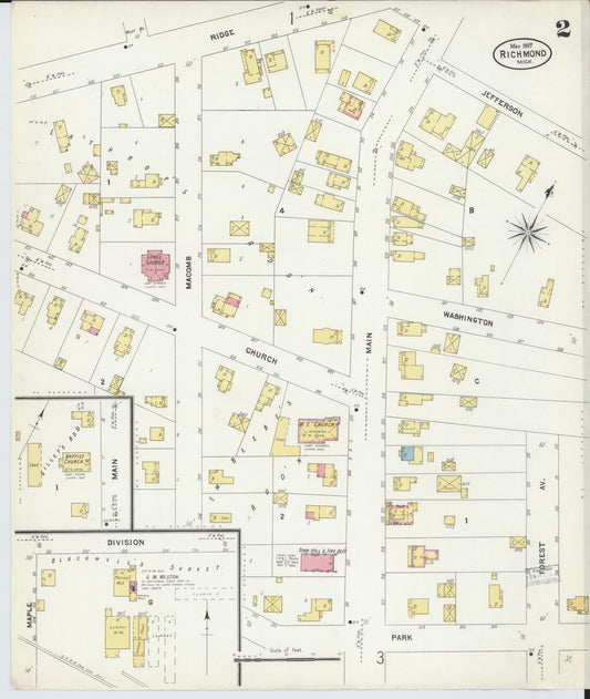 Sanborn Fire Insurance Map from Richmond, Macomb County, Michigan (1907), Sheet #0002 - Historic Sanborn Fire Insurance Map Print, vintage old map wall art, antique decor, genealogy gift, Michigan Michigan map