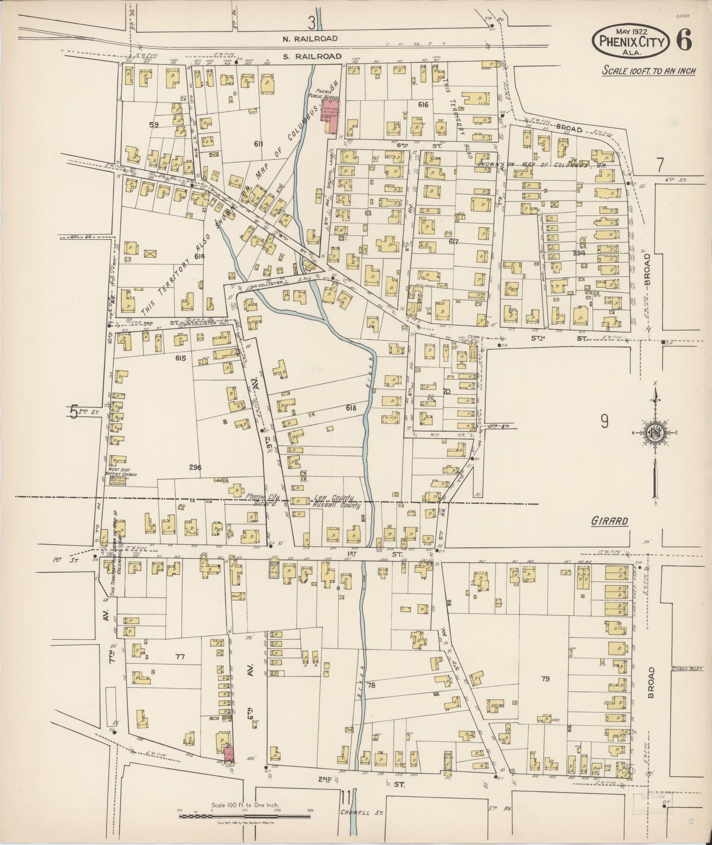 Sanborn Fire Insurance Map from Phenix City, Lee And Russell Counties, Alabama (1922), Sheet #0006 - Historic Sanborn Fire Insurance Map Print, vintage old map wall art, antique decor, genealogy gift, Alabama Alabama map