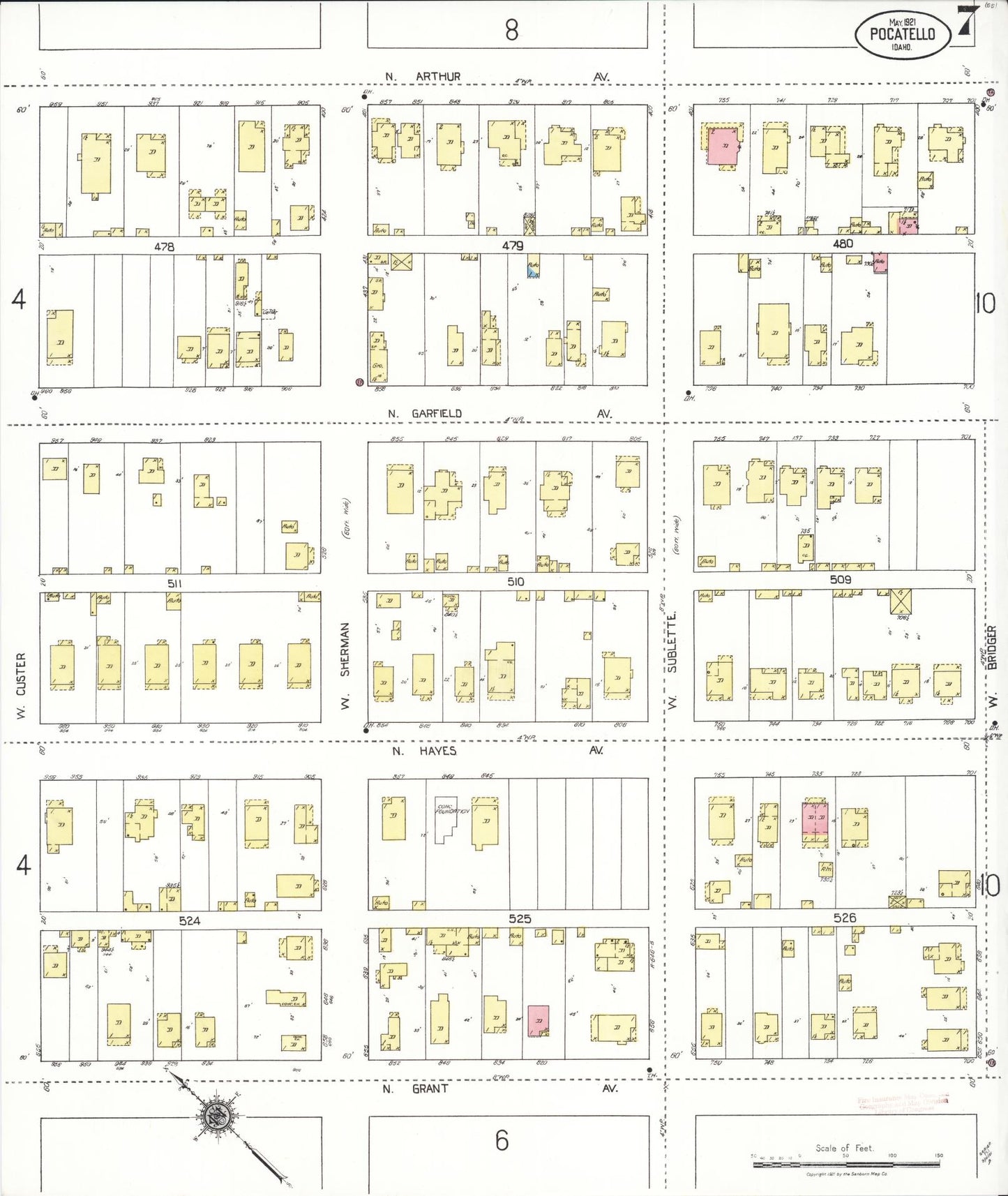 Sanborn Fire Insurance Map from Pocatello, Bannock County, Idaho (1921), Sheet #0007 - Complete Map Set gallery image, historic Sanborn map, vintage wall art, Idaho Idaho