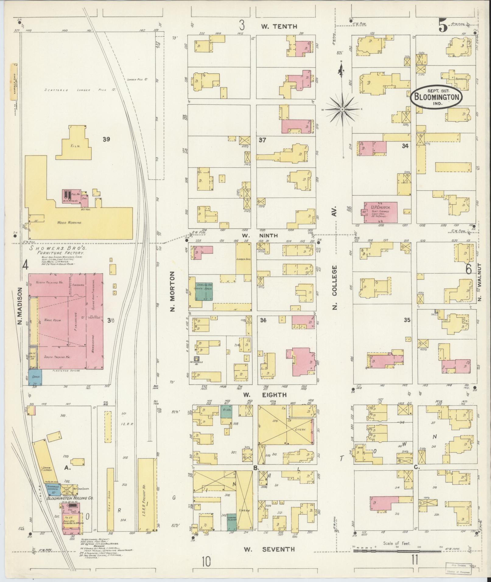 Sanborn Fire Insurance Map from Bloomington, Monroe County, Indiana (1907), Sheet #0005 - Complete Map Set gallery image, historic Sanborn map, vintage wall art, Indiana Indiana