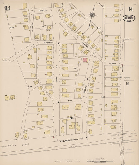 Sanborn Fire Insurance Map from Bluefield, Mercer County, West Virginia (1922), Sheet #0014 - Historic Sanborn Fire Insurance Map Print, vintage old map wall art, antique decor, genealogy gift, West Virginia West Virginia map