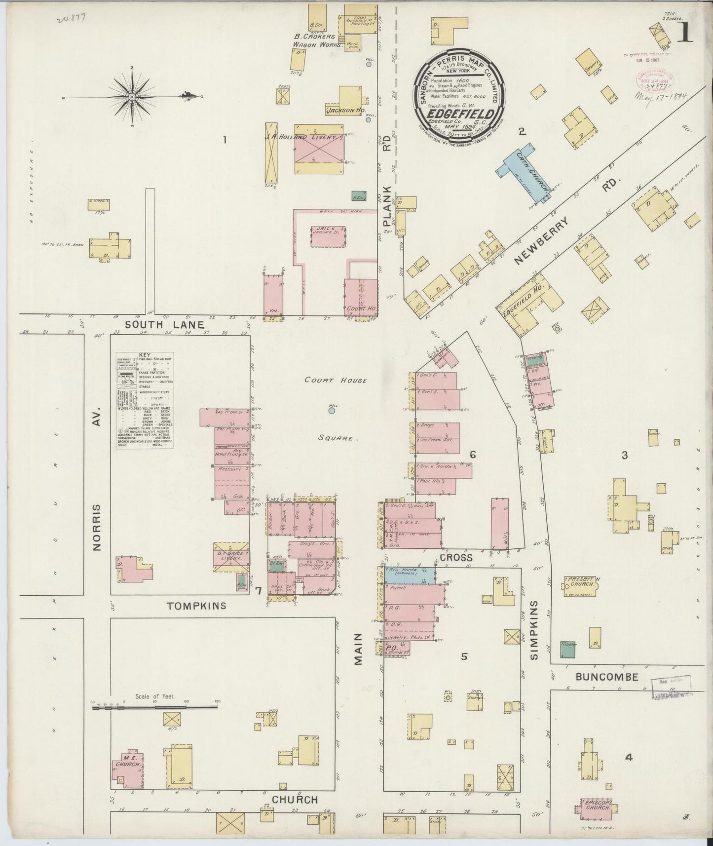 Sanborn Fire Insurance Map from Edgefield, Edgefield County, South Carolina (1894), Sheet #0001 - Complete Map Set gallery image, historic Sanborn map, vintage wall art, South Carolina South Carolina