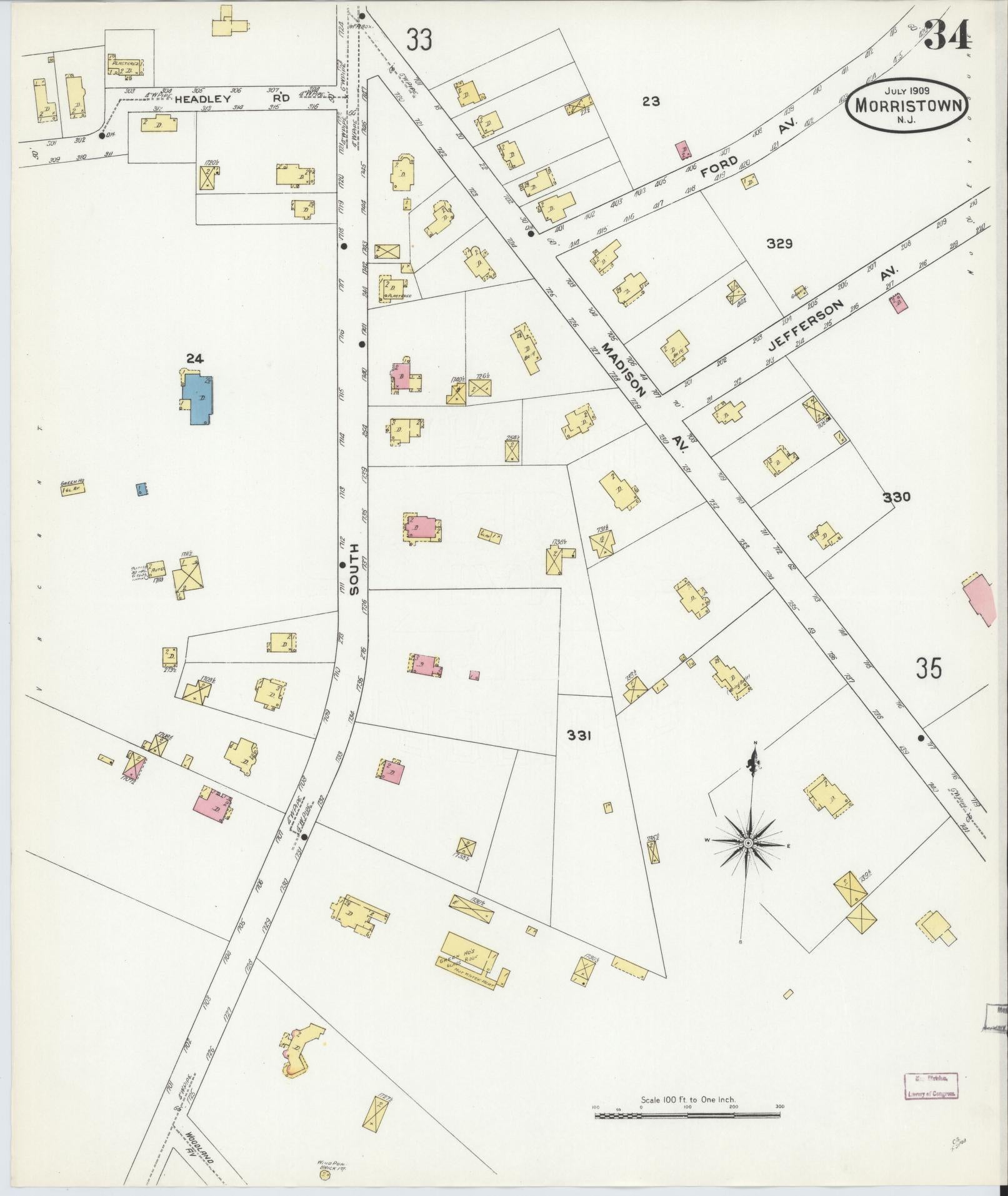 Sanborn Fire Insurance Map from Morristown, Morris County, New Jersey (1909), Sheet #0034 - Complete Map Set gallery image, historic Sanborn map, vintage wall art, New Jersey New Jersey